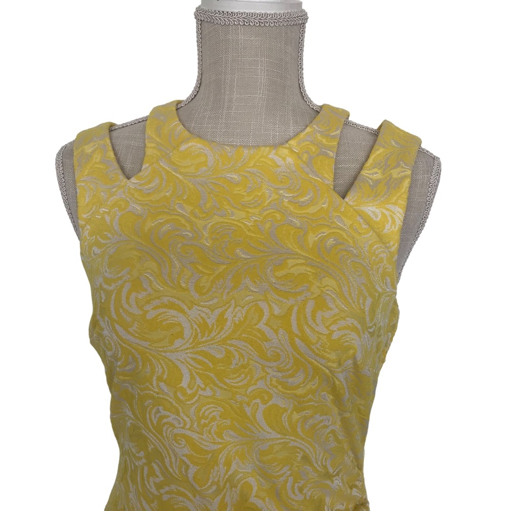 Yellow And White Cache Size 2 Fitted Midi Dress W… - image 5